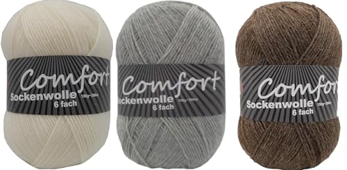 6-fädige Sockenwolle Strumpfwolle 3x150gr Knaul- 375m-Lauflänge - dicke Wolle für besonders warme Socken - l - Farbset (weiss grau braun)