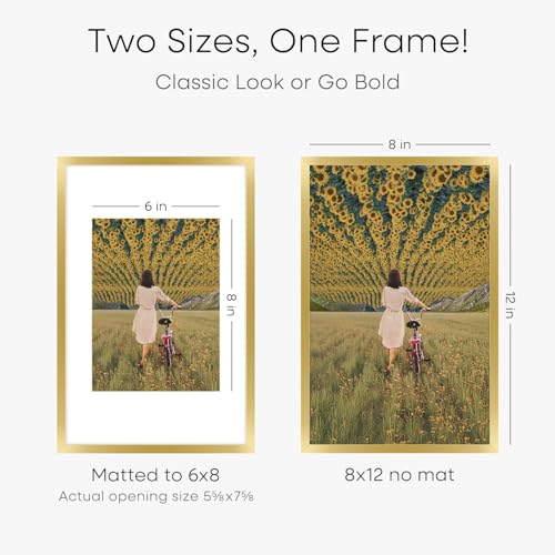 Image of Homeforia 8x12 Picture Frame Gold, High End Metal 8 x 12 Poster Frames with Mat 6 by 8 for Photo, 12x8 Frame Matted to 6x8 inch Print, 8by12 Wall or Tabletop Frames, Tempered Glass, Wall Kit, Set of 4