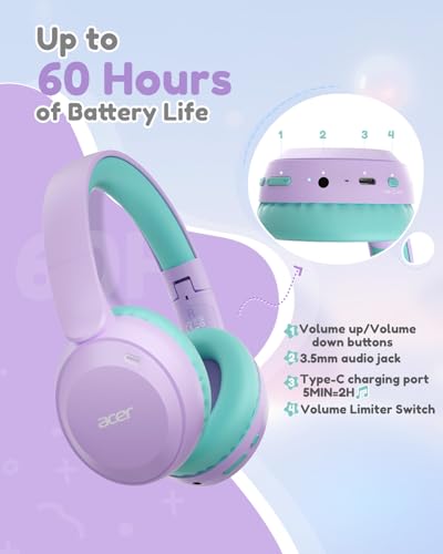 Acer OHR668 Wireless Kids Headphones (Purple/Green) — 85/94dB Safe, 60-Hour Battery — view 7