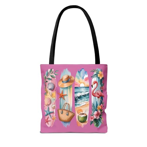 Tropical Summer Tote Bag for Women – Pink Beach Bag with Flamingo, Seashells, Coconut Drink, Surfboard – Vacation Gift2