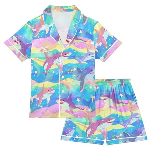 ALAZA Cute Shark Whale Rainbow Satin Pajamas Set Short Sleeve Button Down Sleepwear Summer Pjs 2 Piece