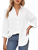 Womens Button Down Shirt, Long Sleeve Loose Fit Cotton Blouses for Womens, Oversized Blouses Tops Casual with Pockets (White, L)
