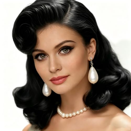 Tseses Black 1940s 50s Retro Womens Curly Wig Shoulder Length Big Wave Wig Synthetic Febir Wig for Halloween Cosplay Daily Wear