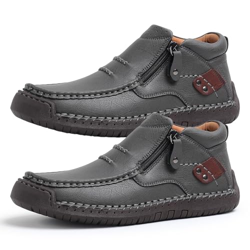 Tuthrav - Zapatos de conducción de cuero para hombre, hechos a mano, botas de conducción de cuero de primera calidad, puntera ancha, soporte de arco, gris, 47 EU