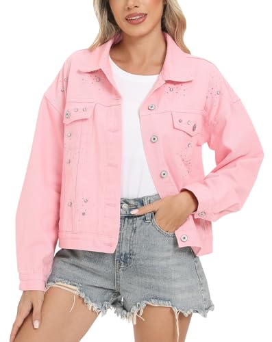LifeShe Jean Jacket Women Rhinestone Denim Jacket Casual Sparkly Shacket Coats3