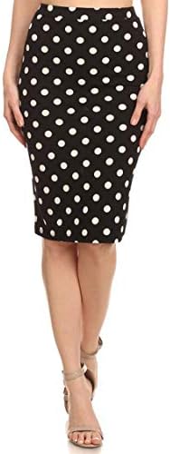Elastic Waist Band Polka Dot Printed Stretch Pencil Slim Midi Skirt Made in USA Medium Polka Black XL