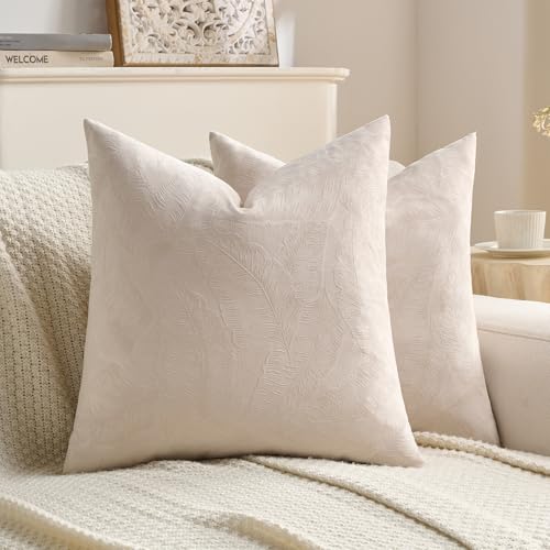 Image of FUTEI Pack of 2 Velvet Throw Pillow Covers 20x20 Inch Soft Embossed Leaf-Relief Textured Decorative Cushion Cases Modern Natural Farmhouse Accent for Couch Bed Living Room, Beige