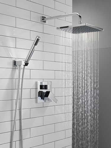 Image of Delta Modern 14 Series Square Rain Shower System Faucet Set, Rainfall Chrome Shower Head and Handle Set, Valve Trim Kit, 10 Inch, Chrome T342701 (Valve Not Included)