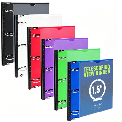 Image of WOT I 1.5 Inch Telescoping 3 Ring Binder 6 Pack, Expandable Flexible Binder with Customizable Front Cover & Clear Catalog Pocket, Holds 370 Sheets, Assorted Colors, School Office Supplies