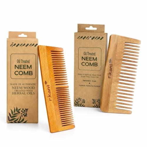 Image of R.Kant Neem Wooden Comb Combo Pack of 2 | Wide Teeth Detangler + Shampoo Comb | Natural Neem Wood | Polished Finish | Scalp Friendly | Men & Women