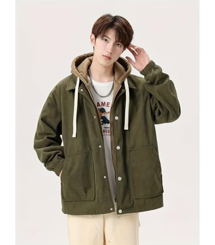 INVACHI Men's Hooded Corduroy Jacket Drawstring Fuzzy Hoodie Casual Flannel Jacket3