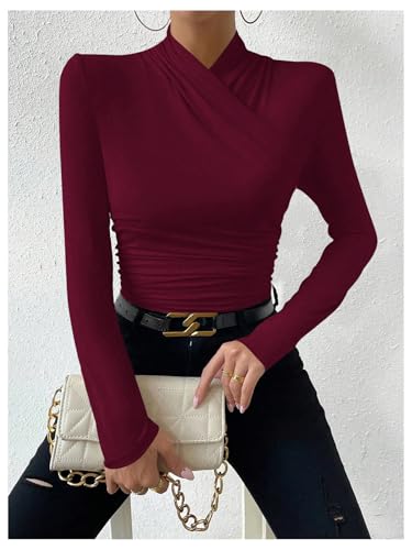 Image of SweatyRocks Women's Ruched Mock Neck Long Sleeve T Shirt Solid Slim Fitted Tee Tops