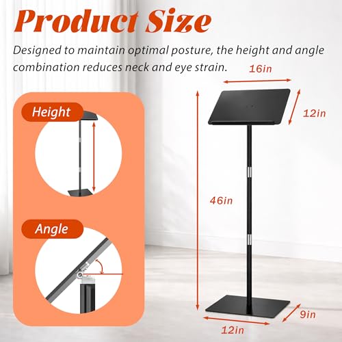 koretech Podium Stand, Lecterns & Podiums, Acrylic Adjustable Angles with Metal Base, Podium for Church, Weddings, Classroom, Speech, 16" L x 12" W x 48" H (Black) by koretech - Image 3