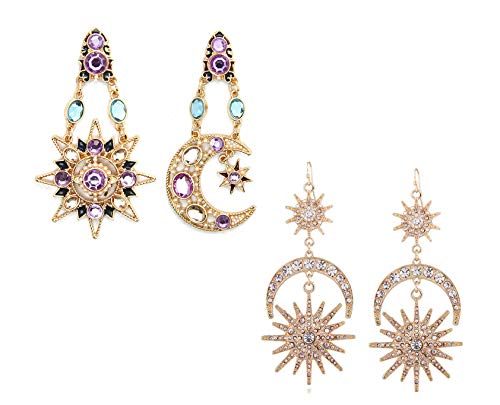 2 Pairs Exaggerated Luxury Sun Moon Stars Drop Earrings Rhinestone Punk Earrings for Women Jewelry Golden Boho Vintage Statement Earrings