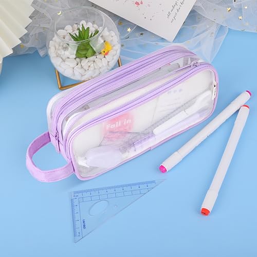 Image of Oyachic Mesh Pencil Case,Clear Grid Pen Bag,2 Compartment Pencil Pouch,Pen Case Organizer Zipper Transparent Makeup Bag for Business Travel Office