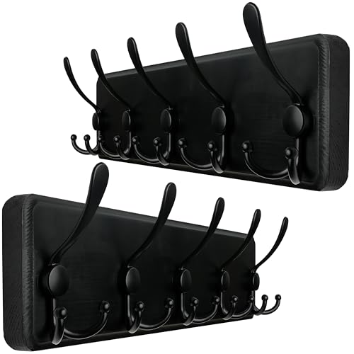 WEBI Rustic Coat Rack Wall Mount,Wood Coat Hooks Wall Mounted Coat Hanger,16" Hole to Hole,Hook Rack Rail,5 Triple Hooks for Hanging Coats,Hats,Jacket,Clothes,Entryway,Black,2 Packs