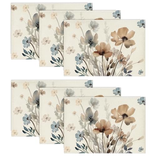 Artoid Mode Juego de 6 manteles individuales de 30 x 45 cm, diseño de flores y hojas, mantel individual lavable para cocina, fiesta