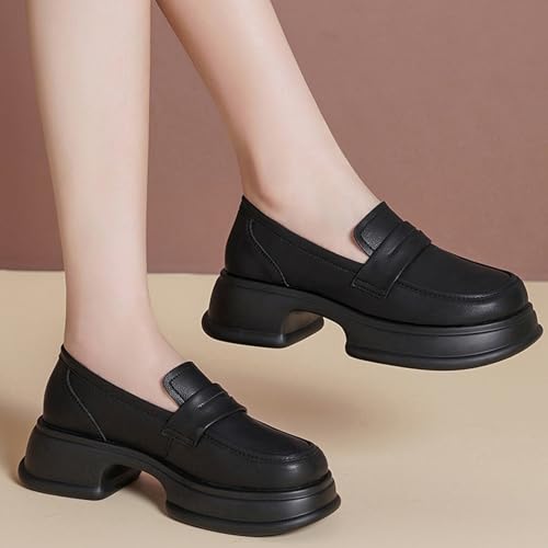 Image of Chunky Heel Platform Penny Loafers Women's Waterproof Fashionable Round Wide Toe Slip-On Thick Sole Work Shoes for Uniform Business Work Formal Wear