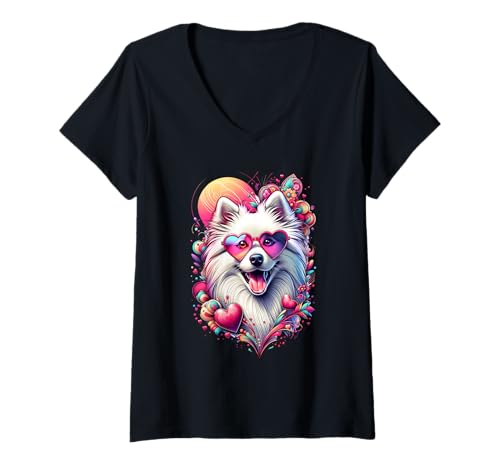 Donna American Eskimo Dog St Valentines Day Opera d'arte Maglietta con Collo a V