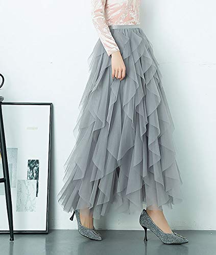 Femiserah Women's Long Rainbow A Line Tulle Tutu Skirts Tiered Skirt Petticoat（One Size, Tulle Grey Blue #TOP2