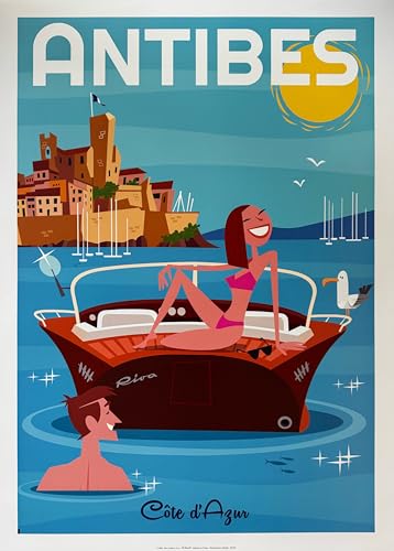 Affiche Baignade à Antibes Gary Godel - Poster Côte d'Azur déco chic 50x70cm