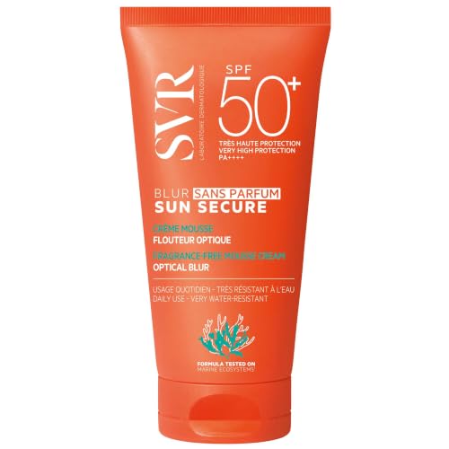 SVR - Sun Secure Blur SPF50+ Sin fragancia - Efecto de difuminación Crema de espuma solar - Protección muy alta contra UVA, UVB, infrarrojos y luz visible - Piel sensible - 50 ml
