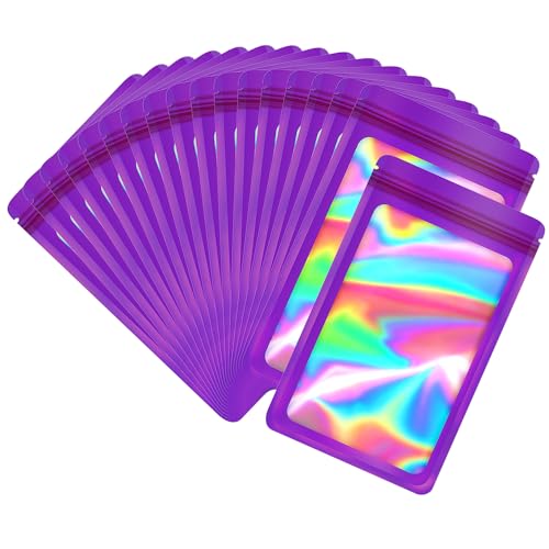 EONJOE 100-pack 5×8 inch mylar bags with clear window holographic resealable sealable packaging zip bag for small bussiness jewelry candy sample food packing supplies （Dark purple）