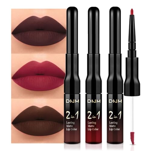 Image of evpct 3Pcs Dark Brown Ruby Deep Red Matte Lip Liner & Liquid Lipstick Stain Makeup Set for Women, Lip Liner Stain Long Lasting Waterproof Smudge Proof, Longwear Lips Stick Makeup 24 hours originale
