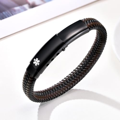 Personalized Medical Alert Bracelet for Men - Custom Stainless Steel and 2-Tone Braided Leather Medical ID Bracelets, Adjustable Emergency Medic ID Bracelet for Autism Allergy Diabetic Asthma Epilepsy2