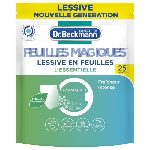 Dr. Beckmann FEUILLES MAGIQUES Lessive en feuilles L ESSENTIELLE | Format pré-dosé, pratique et léger | 100% hydrosoluble, facile à utiliser et ranger | 25 feuilles