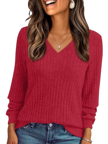 Image of AUTOMET Womens V Neck Long Sleeve Shirts Fall Tops 2026 Lightweight Sweater
