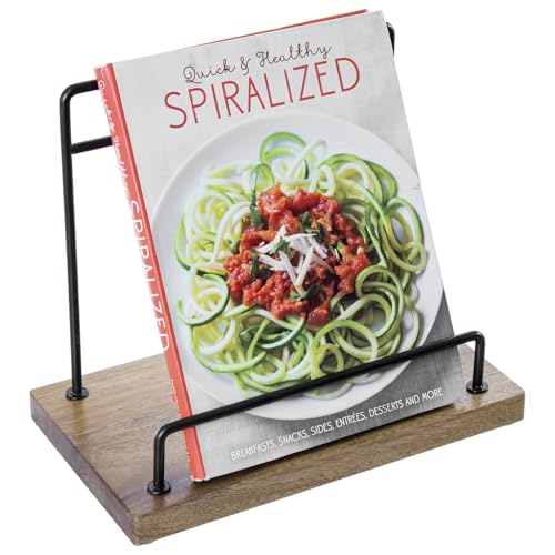 Opiniones de Soportes para libros de cocina Top 5. 41 MyGift - Soporte para libros de cocina de madera de acacia y metal negro mate - Estante rústico para encimera de cocina para recetas, tabletas, tablas de cortar