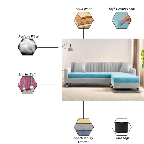 Image of Casaliving Garcia L Shape Sofa Set for Living Room Premium Fabric Sofa (4 Seater RHS, Turquise Grey)