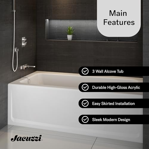 Jacuzzi SIGNATURE Acrylic Rectangle Skirted Bathtub, Soaking Sanctuary for Homes & Businesses, Slip Resistant, Right Drain Placement, 60" (L) x 30" (W), Rectangle, White
