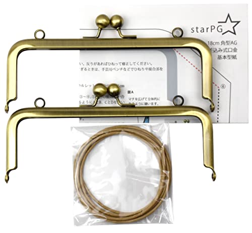 starPG 差し込み式 がま口 口金 入門 セット 口金2本 型紙 紙紐 付き (アンティークゴールド 角型 18.5cm)