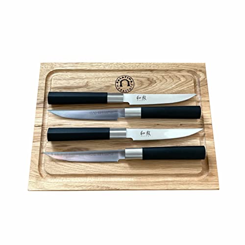 KAI Wasabi Black Steakmesser 67S-400 12cm - Angebotsset 4-teilig - Die erste Wahl für Steakliebhaber & Profi-Köche + 100% handgefertigtes Schneidebrett Unikat aus Eiche 30x22cm