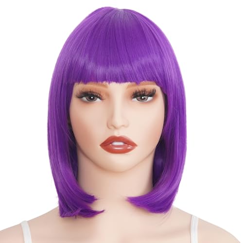 Image of Rose bud Purple Wig Bob Straight 12 Inch Short Hair Cosplay Wigs for Women Costume Party Halloween