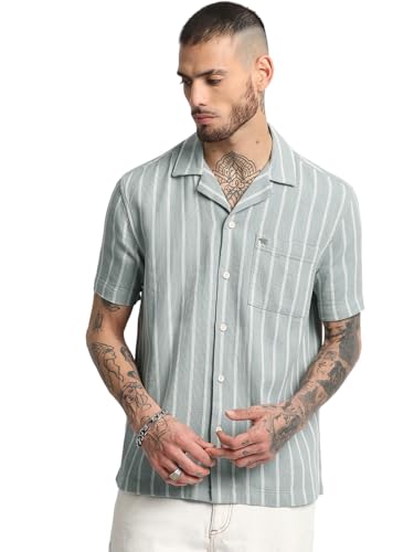 Image of Men's Green Striped Regular Fit Casual Shirt