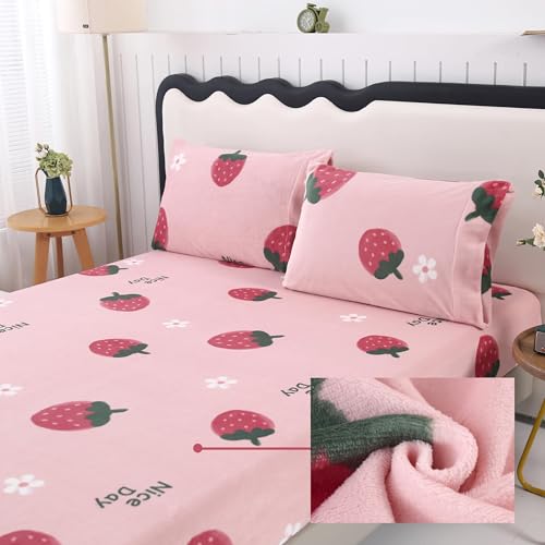 MAG 3Pcs Fleece Fitted Sheet Full Size with Pink Strawberry Pattern, Super Cute Fluffy Warm Bottom Sheets for Girls,included1*Fitted Sheet and 2*Pillowcases