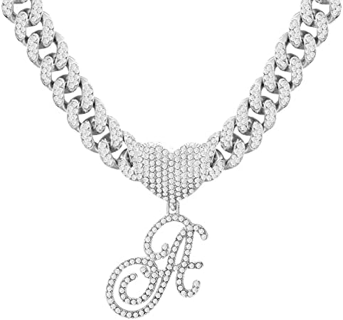 PTJDSMF Cursive Silver Initial Pendant Necklaces Alphabet Pendant Miami Cuban Link Chain Necklace for women Hip Hop Iced Out Letter Chain with Pendant Jewelry Gift… (Cuban Link Chain A)