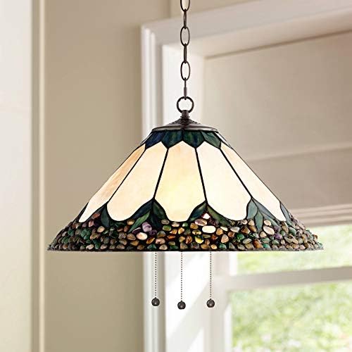 Robert Louis Tiffany River Stone Bronze Plug in Swag Pendant Chandelier Light Fixture 20 3/4" Wide Tiffany Style Stained Art Glass for Dining Room House Entryway Kitchen Island (Colors May Vary)