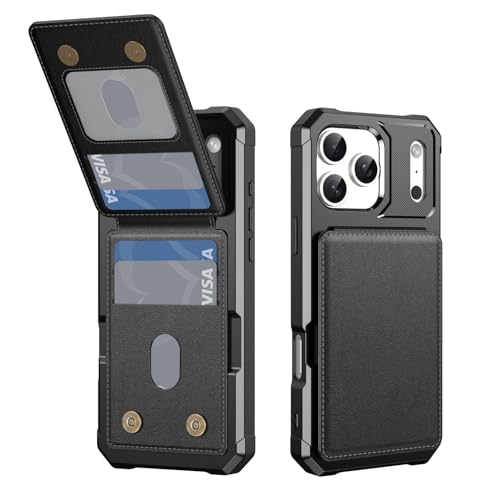 Étui iPhone 15 Pro antichoc noir avec support de carte et coque protection cuir