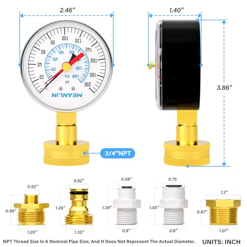Image of MEANLIN MEASURE 0~200Psi 3 /4 inch Female Water Pressure Kit Plus 5 adapters, 2.5 inch FACE DIAL Multi-Purpose Pressure Gauge kit with Red Indicator Hands, Hydraulic Tester Suitable for Gardens, Water Pipes