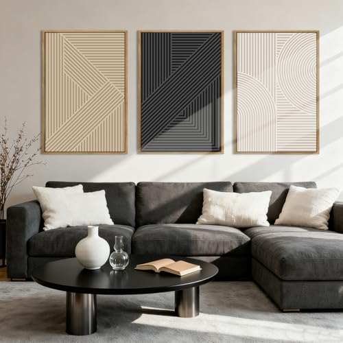 Large Neutral Abstract Wall Art Framed Mid Century Modern Canvas Paintings Artwork Geometric Wall Decor Modern Abstract Artwork Minimalist Art Prints Boho Home Decor for Living Room Bedroom Bathroom Office 36x24 Inch Set of 3 by BINCUE - Image 9