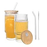 MRZIKPO Drinking Glasses with Bamboo Lids and Glass Straw 2pcs Set,16oz Glass Tumbler Cups,Water Glasses,Iced Coffee Glasses,iced Tea Glasses,Beer Glasses,Ideal for Whiskey,1 Brushes
