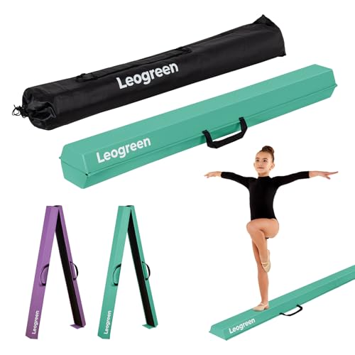 Leogreen Barra de Equilibrio PU Cuero Plegable 270cm, Barra de Gimnasia Artistica para Niños Adultos, Viga de Equilibrio con Bolsa de Transporte y Base Antideslizante Verde