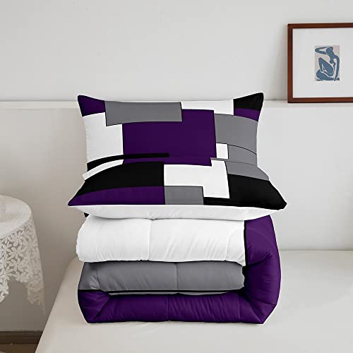 Grey Purple White Black Bedding Set,Geometry Square Comforter Set Queen,Young Man Geometric Stripes Lines Down Comforter For Kids Boys Girls Bedroom Decor,Modern Style Quilted Duvet With 2 Pillowcases #TOP4