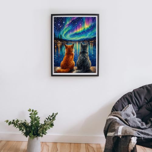 Image of MBNTJHT Cat Diamond Painting Kits for Adult Beginners,Aurora Scenery Diamond Art Kits for Adults,DIY 5D Full Drill Starry Night Gem Art and Crafts for Home Decor Gifts 12X16 Inch.