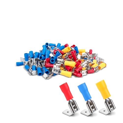 Innfeeltech 100 Stk. PVC-isolierte Messing-Crimp-Kabelschuhe, 50 Stk. blau, 30 Stk. rot, 20 Stk. gelb, für Kabel 0,5mm² bis 1mm², 1,5mm² bis 2,5mm², 4mm² bis 6mm²