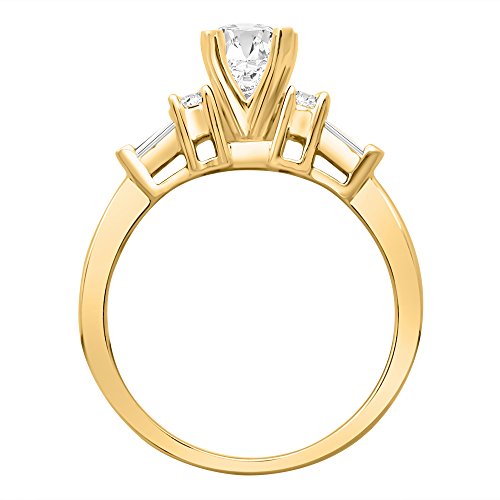 14K Yellow Gold 0.96 Ctw Prong Set Round And Baguette Diamond Engagement Ring W/ 0.61 Ct Marquise Cut J Color Vs2 Clarity Center #TOP1